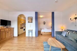 Wohnbereich mit Blick in die Küche und das Schlafzimmer